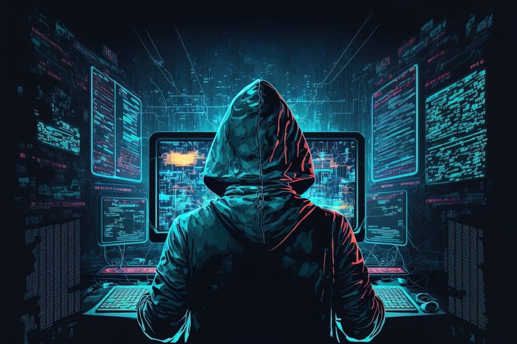 cyber criminal hacking system at monitors